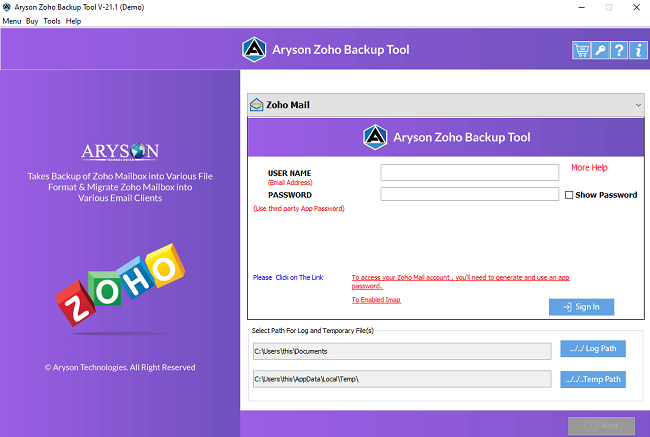 Windows 8 Aryson Zoho Mail Migration Tool full