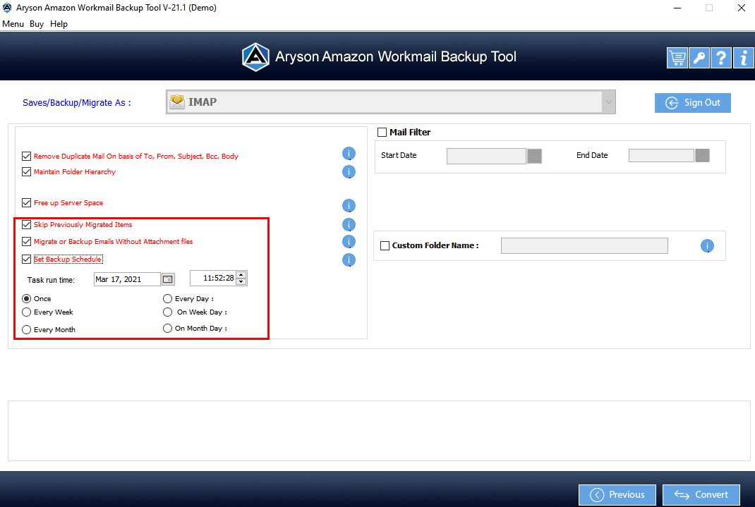 Amazon WorkMail Backup interface