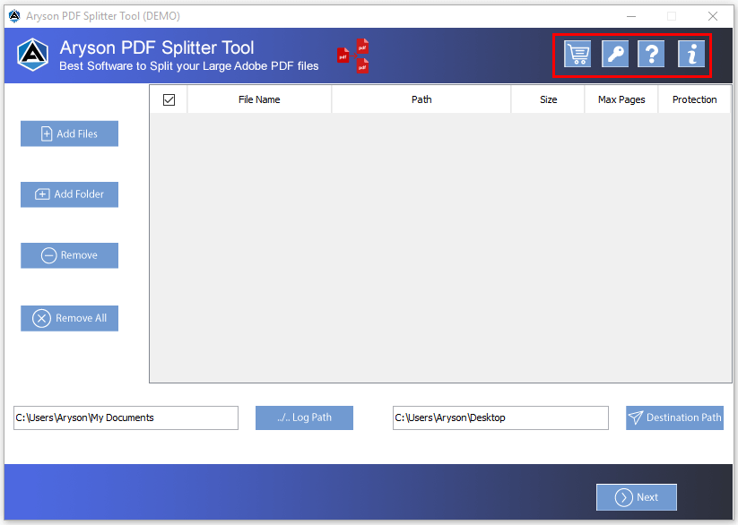 PDF Splitter interface