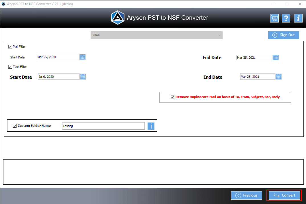 OperaMail Backup interface